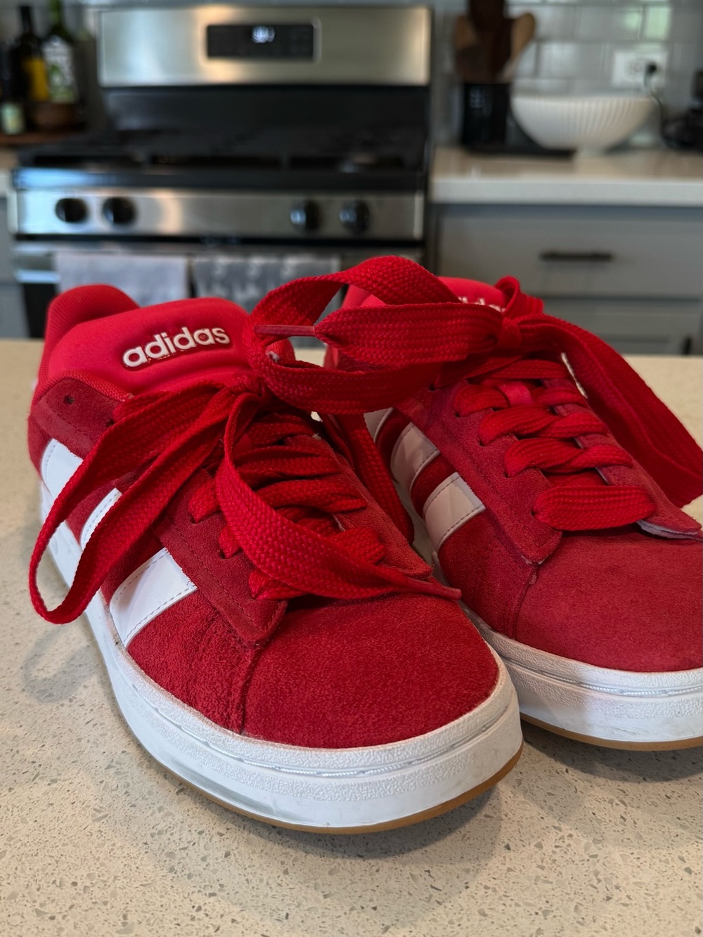 adidas Red Suede Sneakers with White Stripes